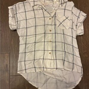 Women's White and Blue Plaid Button Down Shirt